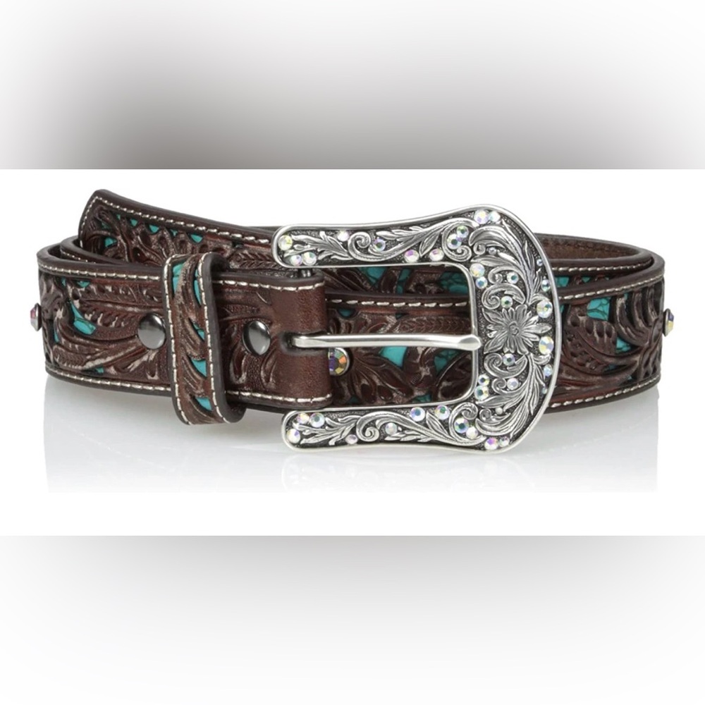 Ariat Brown Genuine Leather Belt with Silver Buckle and Swarovski Crystals - Picture 3 of 15